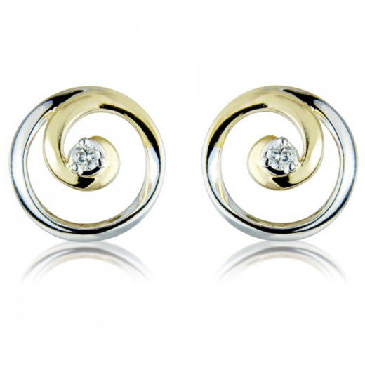 9ct Two Tone Gold Diamond Swirl Stud Earrings