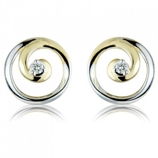 9ct Yellow and White Gold 0.03ct Diamond Swirl Stud Earrings