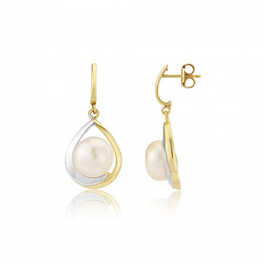9ct Yellow & White Gold Cultured Pearl Tear Drop Earrings