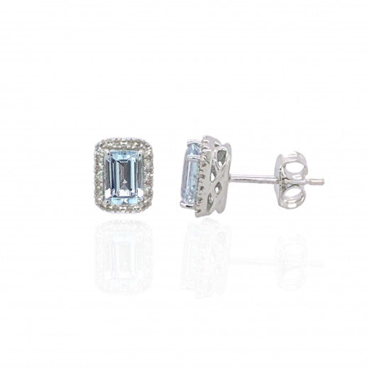 9ct White Gold Emerald Cut Aquamarine and 0.12ct Diamond Earrings