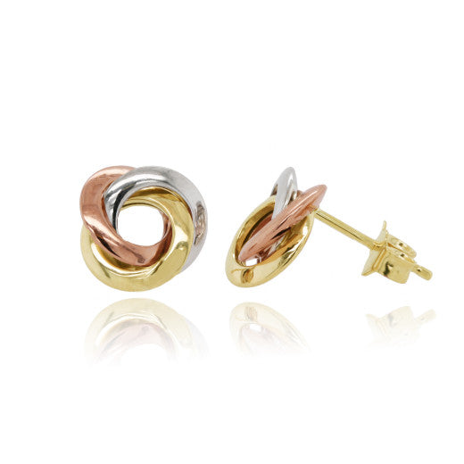 9ct Yellow, White and Rose Gold Plain Knot Stud Earrings