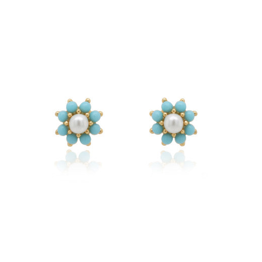 9ct Gold Turquoise & Pearl Cluster Stud Earrings