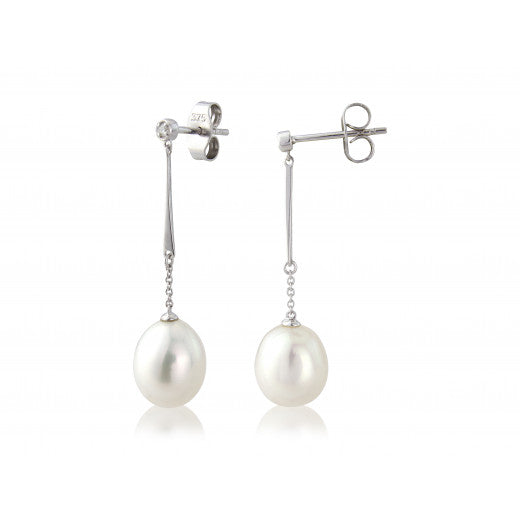 9ct White Gold Diamond and Pearl Drop Earrings
