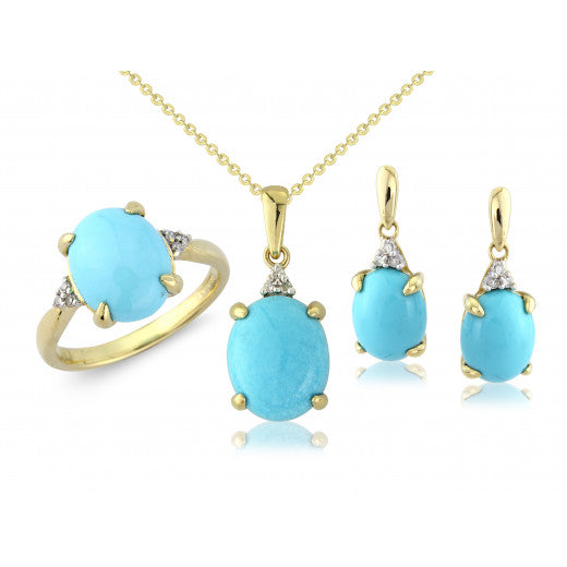 9ct Gold Diamond & Turqouise Oval Drop Earrings
