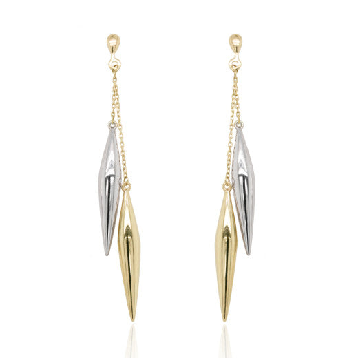 9ct Yellow and White Gold Long Bomb Drop Earrings