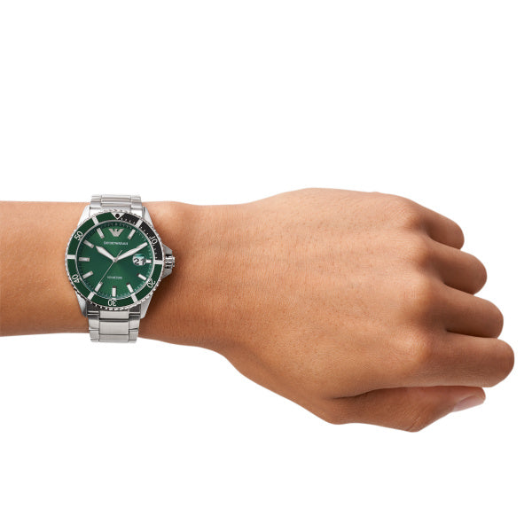 Emporio Armani Diver Quartz Silver Steel Green Dial 42mm Watch AR11338