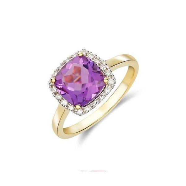9ct Gold Cushion Amethyst and Diamond Cluster Ring