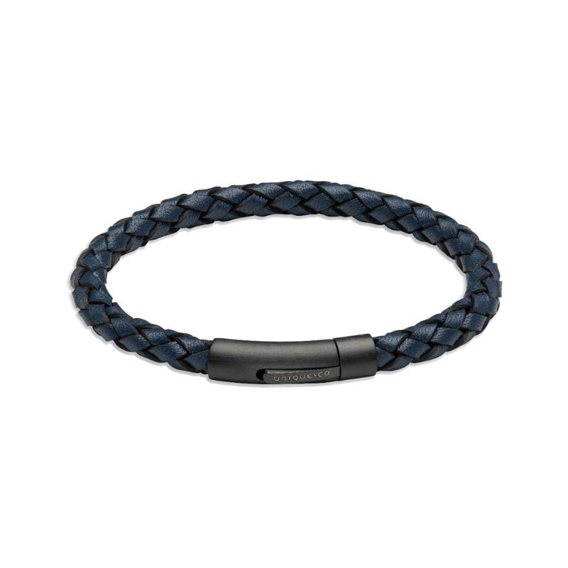 Unique Navy Leather Black IP Steel 21cm Mens Bracelet