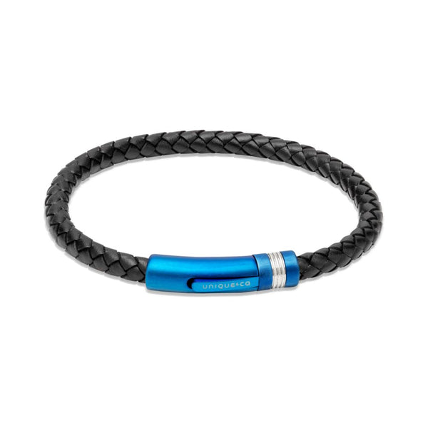 Unique Black Leather Blue IP Steel 21cm Mens Bracelet