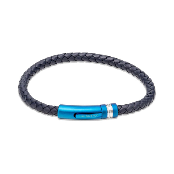 Unique Navy Leather Blue IP Steel 21cm Mens Bracelet