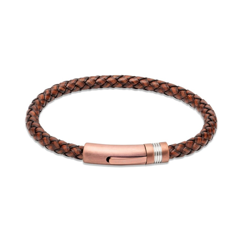 Unique Dark Brown Leather Brown IP Steel 21cm Mens Bracelet