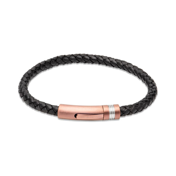 Unique Black Leather Brown IP Steel 21cm Mens Bracelet