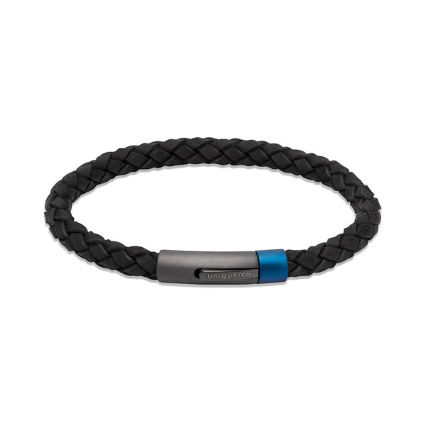 Unique Black Leather Black IP Steel Blue Clasp 21cm Mens Bracelet
