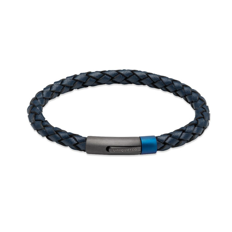 Unique Navy Leather Black IP Steel Blue Clasp 21cm Mens Bracelet