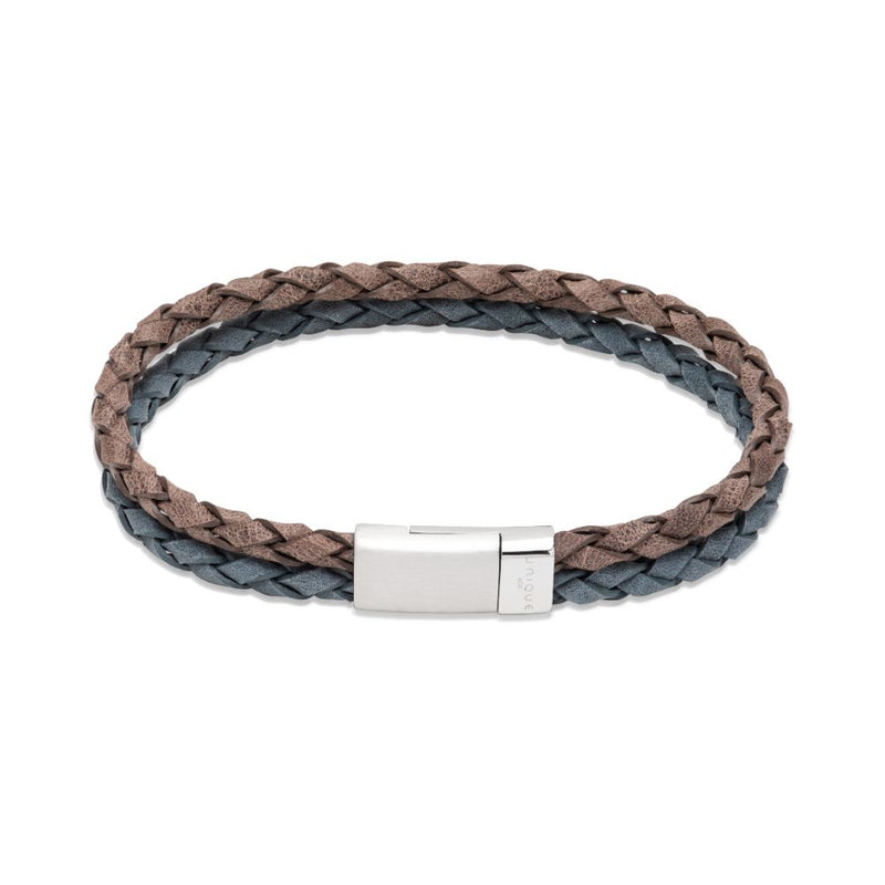 Unique Blue & Brown Leather Silver IP Steel 21cm Mens Bracelet