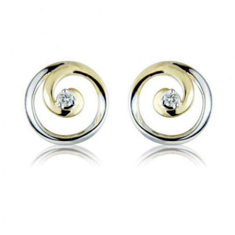 9ct Yellow and White Gold 0.03ct Diamond Swirl Stud Earrings