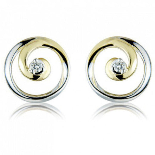 9ct Two Tone Gold Diamond Swirl Stud Earrings