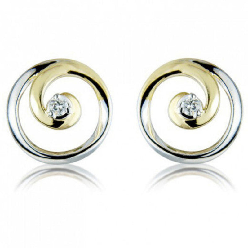 9ct Two Tone Gold Diamond Swirl Stud Earrings