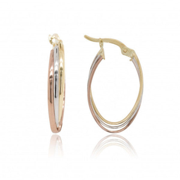 9ct Three Tone Gold Oval Hoop Earrings