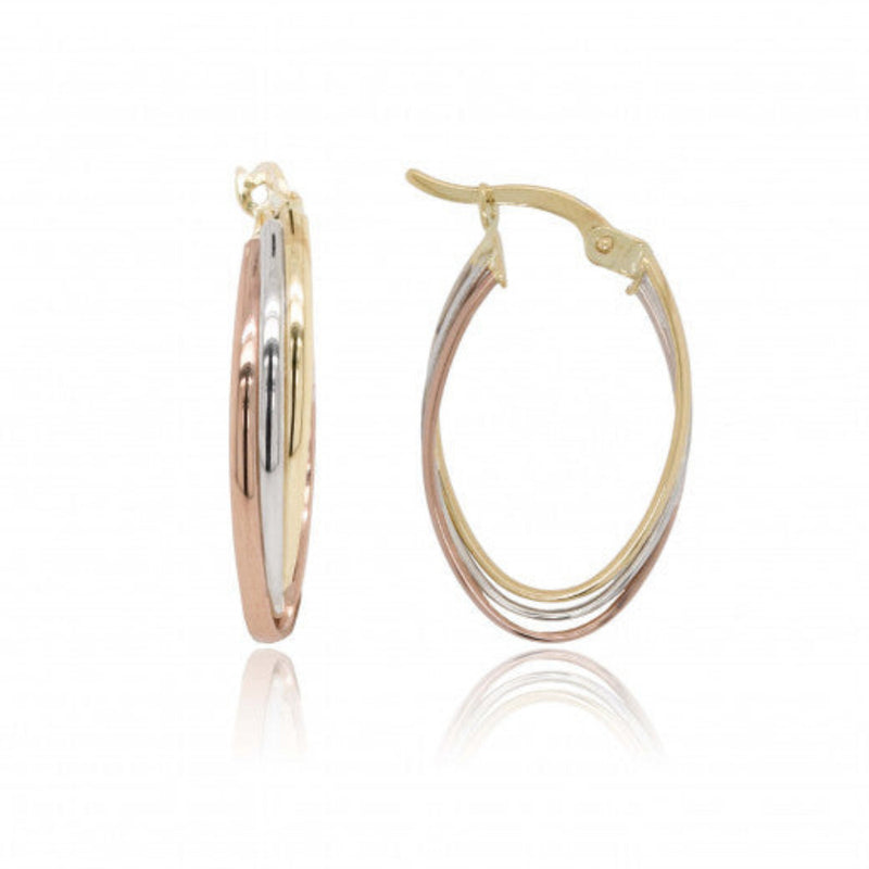 9ct Three Tone Gold Oval Hoop Earrings
