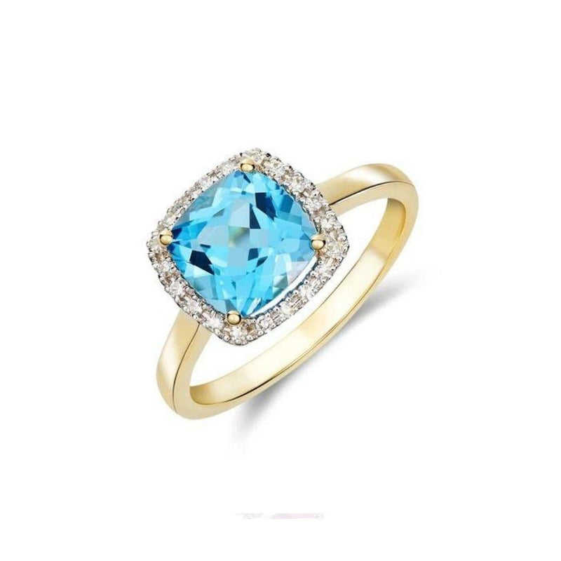 9ct Gold Cushion Blue Topaz and Diamond Ring