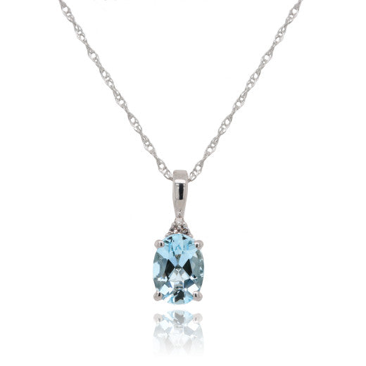 9ct White Gold 0.01ct Diamond and Oval Cut Aquamarine Pendant Necklace