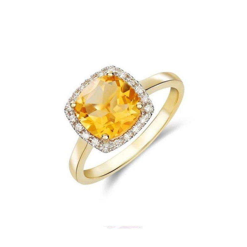 9ct Gold Cushion Citrine and Diamond Cluster Ring