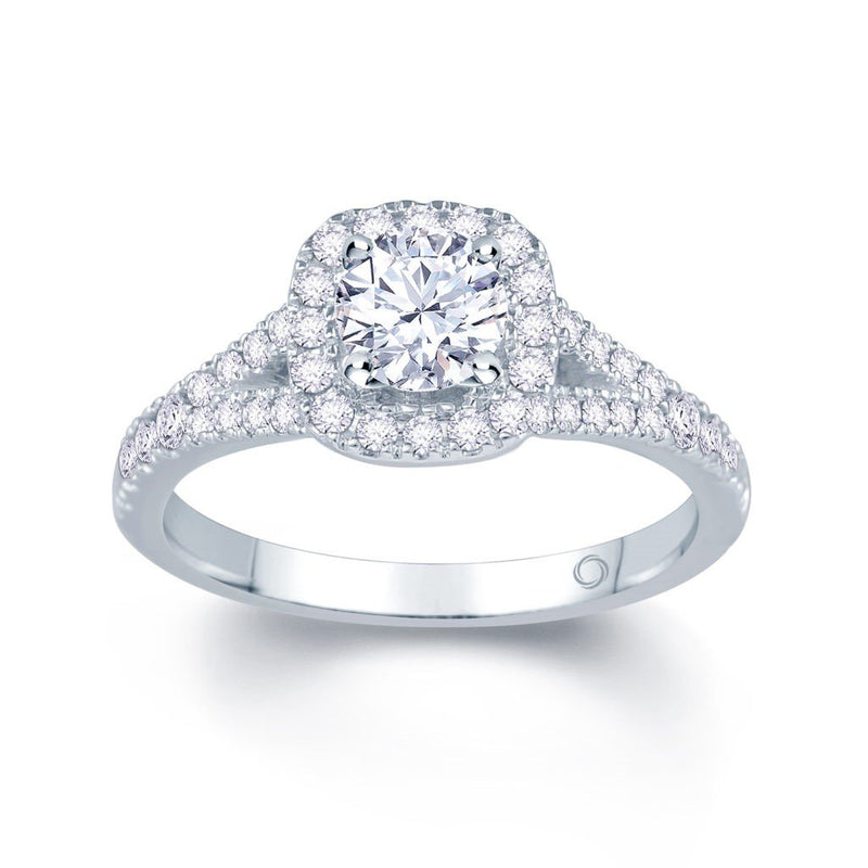 18ct White Gold Cushion Halo Split Shank Engagement Ring
