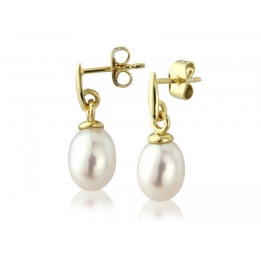 9ct Gold White Oval Cultured Pearl Drop Earrings