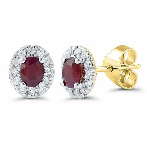 9ct Gold 0.13ct Diamond and 4mm x 3mm Oval Ruby Cluster Earrings