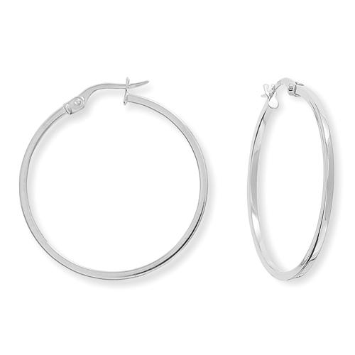 9ct White Gold 30mm Square Tube Round Hoop Earrings