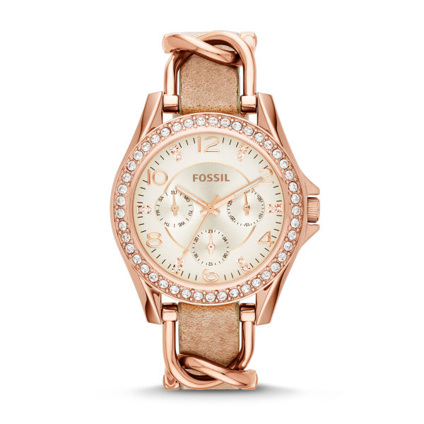 Fossil Riley Rose Gold & Sand Leather 38mm Ladies Watch ES3466