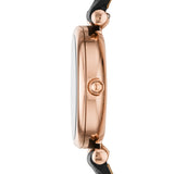 Fossil Carlie Mini Quartz Rose Gold Black Leather 28mm Ladies Watch ES4700