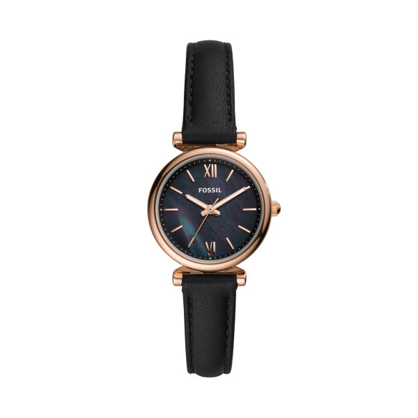 Fossil Carlie Mini Rose Gold Black Leather 28mm Ladies Watch ES4700