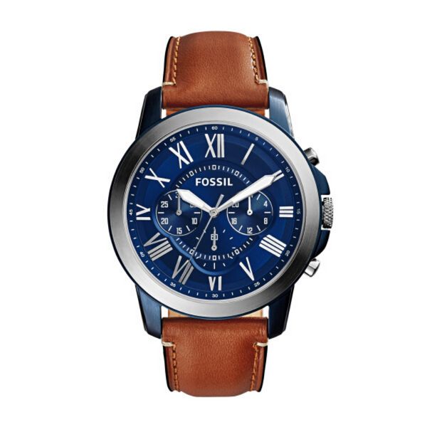 Mens Brown Leather Fossil Grant Watch with Blue Dial FS5151