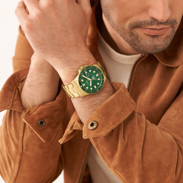 Fossil Blue Green Dial Gold Steel 42mm Mens Watch FS5950