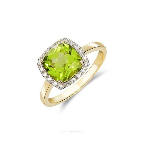 9ct Gold Cushion Peridot and Diamond Cluster Ring
