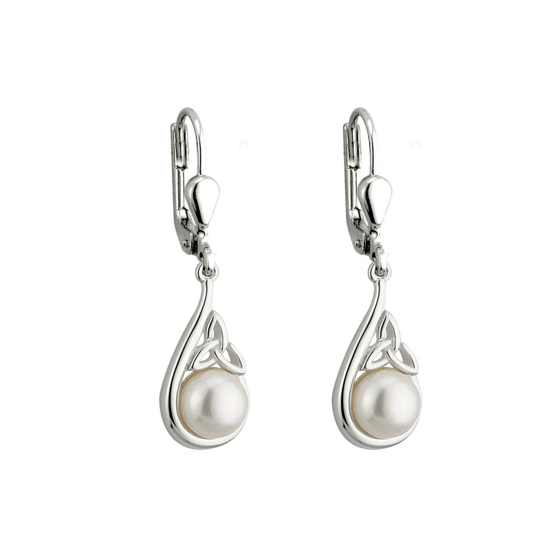 Sterling Silver Freshwater Pearl Trinity Knot Drop Earrings