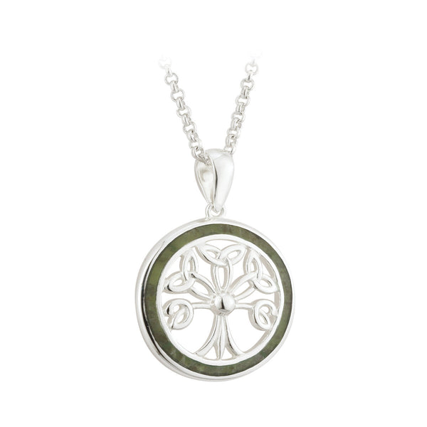 Sterling Silver Connemara Marble Tree of Life Round Pendant Necklace S45531