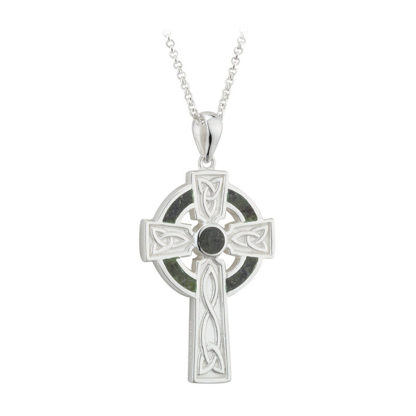 Sterling Silver Connemara Marble Large Celtic Cross Pendant Necklace