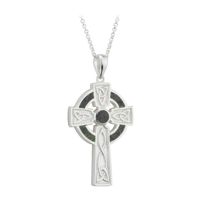 Sterling Silver Connemara Marble Large Celtic Cross Pendant Necklace