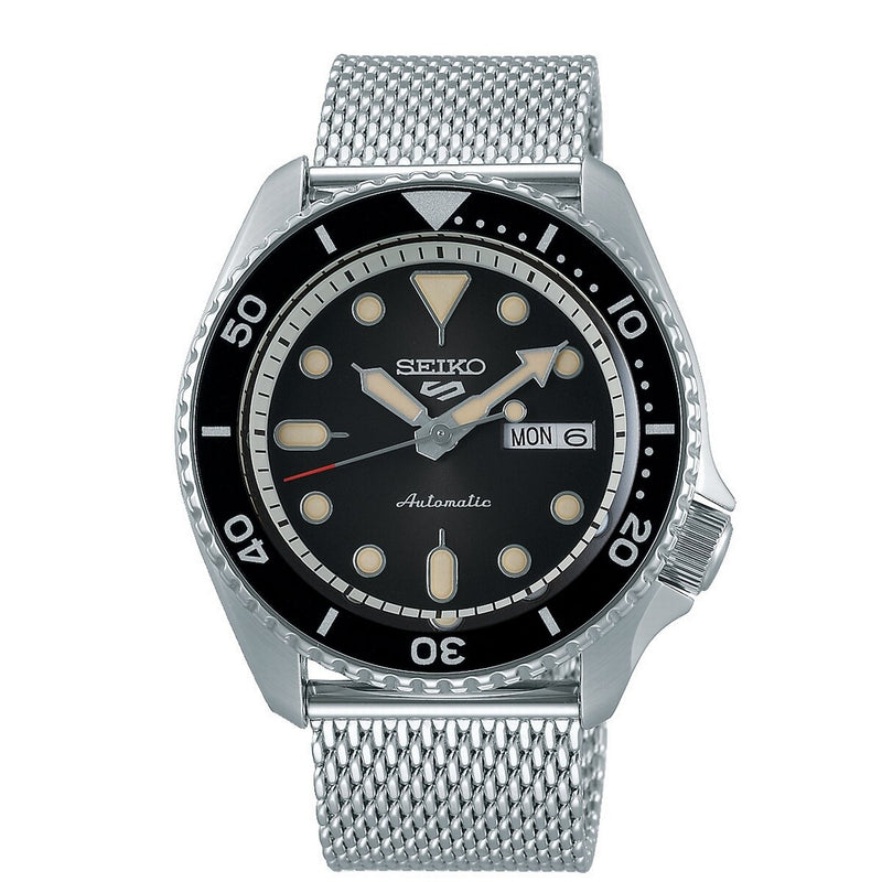 SEIKO 5 STEEL MESH BRACELET BLACK DIAL AUTOMATIC WATCH