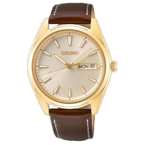 Seiko Quartz Champagne Dial Brown Leather 40mm Mens Watch SUR450P1
