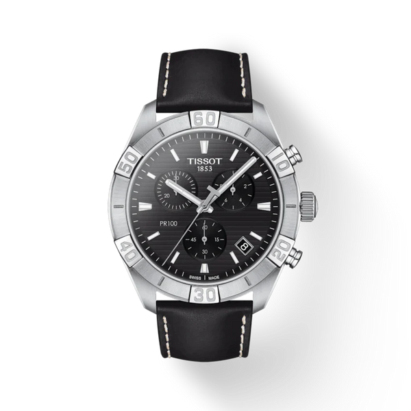 Tissot PR 100 Sport Gent Chronograph Quartz Black Leather 44mm Mens Watch T1016171605100
