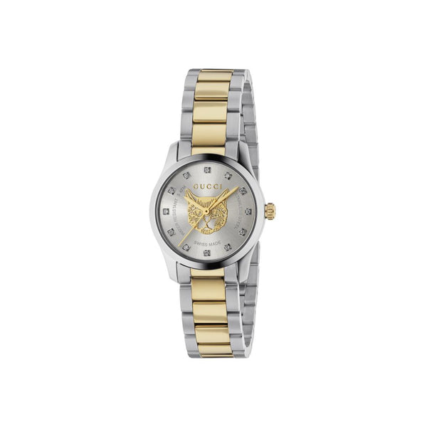 Gucci G-Timeless Diamond Gold Feline Head Motif 27mm Ladies Watch YA1265016