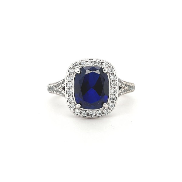 Silver and Blue CZ Halo Ring 