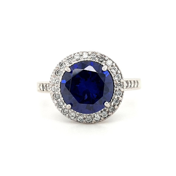 Silver and Blue Round CZ Halo Ring