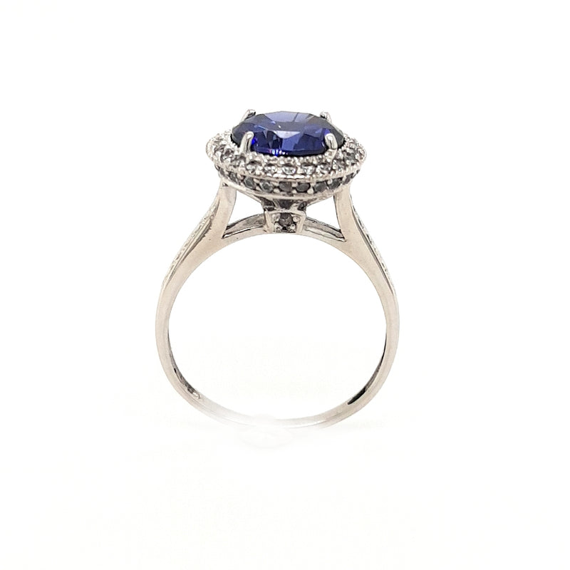 Silver and Blue Round Cubic Zirconia Halo Ring