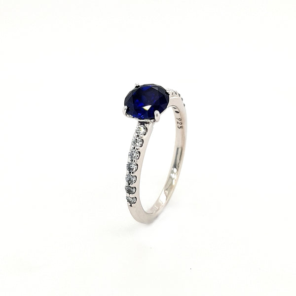 Silver and Blue Round Cubic Zirconia Ring