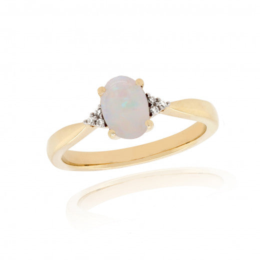 9ct Yellow Gold 0.02ct Diamond and Opal Ring